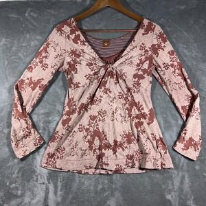 Vintage Language Top Womens Medium Beige Babydoll Empire Floral V Neck Y2K